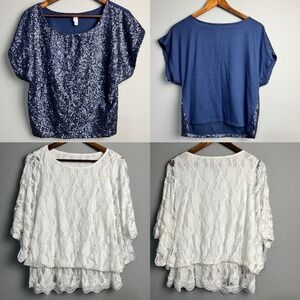 Lot of 2 Sequin Top Party Blouses Fairy Cottagecore Sparkly‎ Short Sleeve Size M